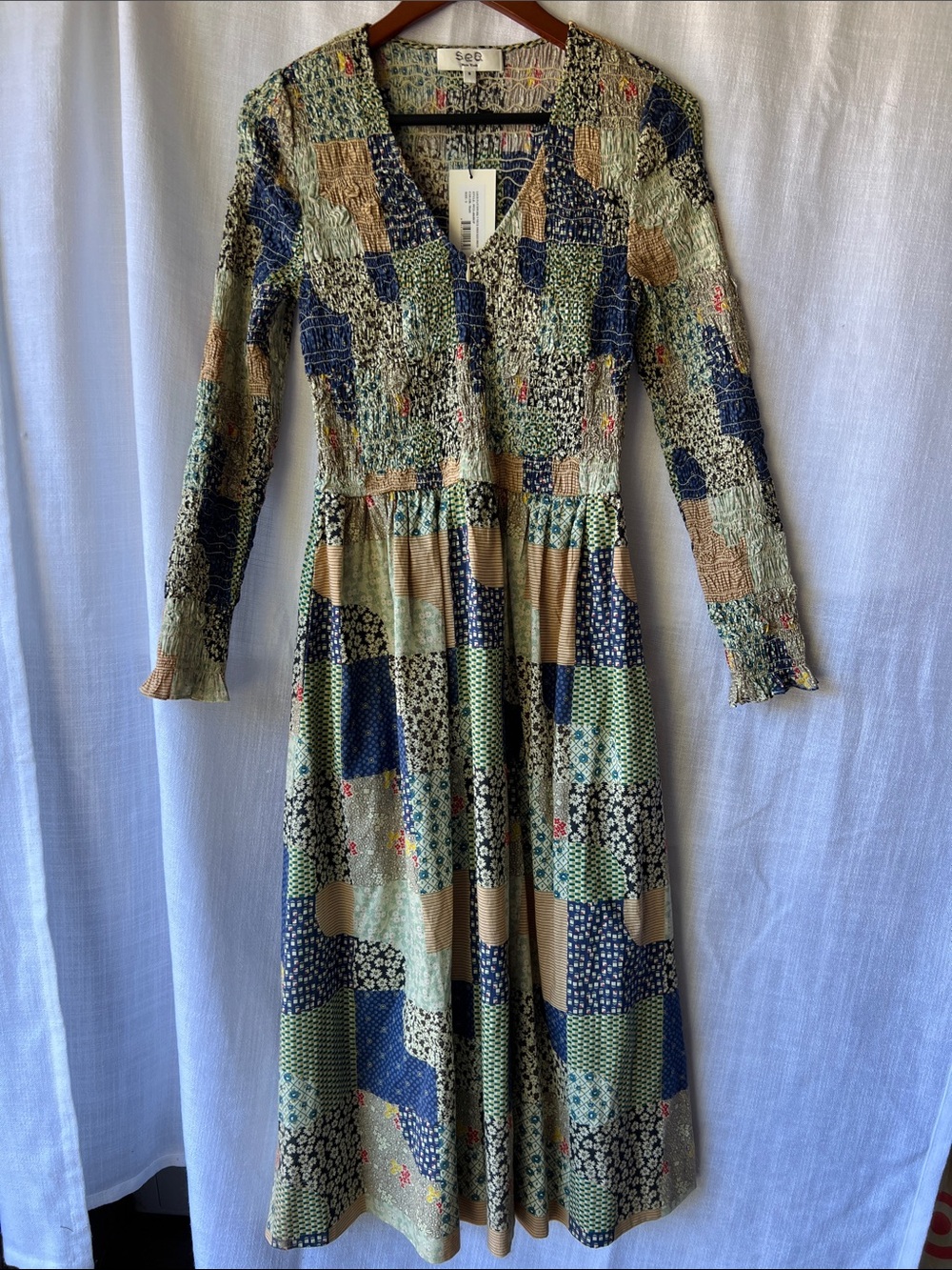 Sea New York Patchwork V‑Neck Smocked Long Sleeve Midi Dress Size S